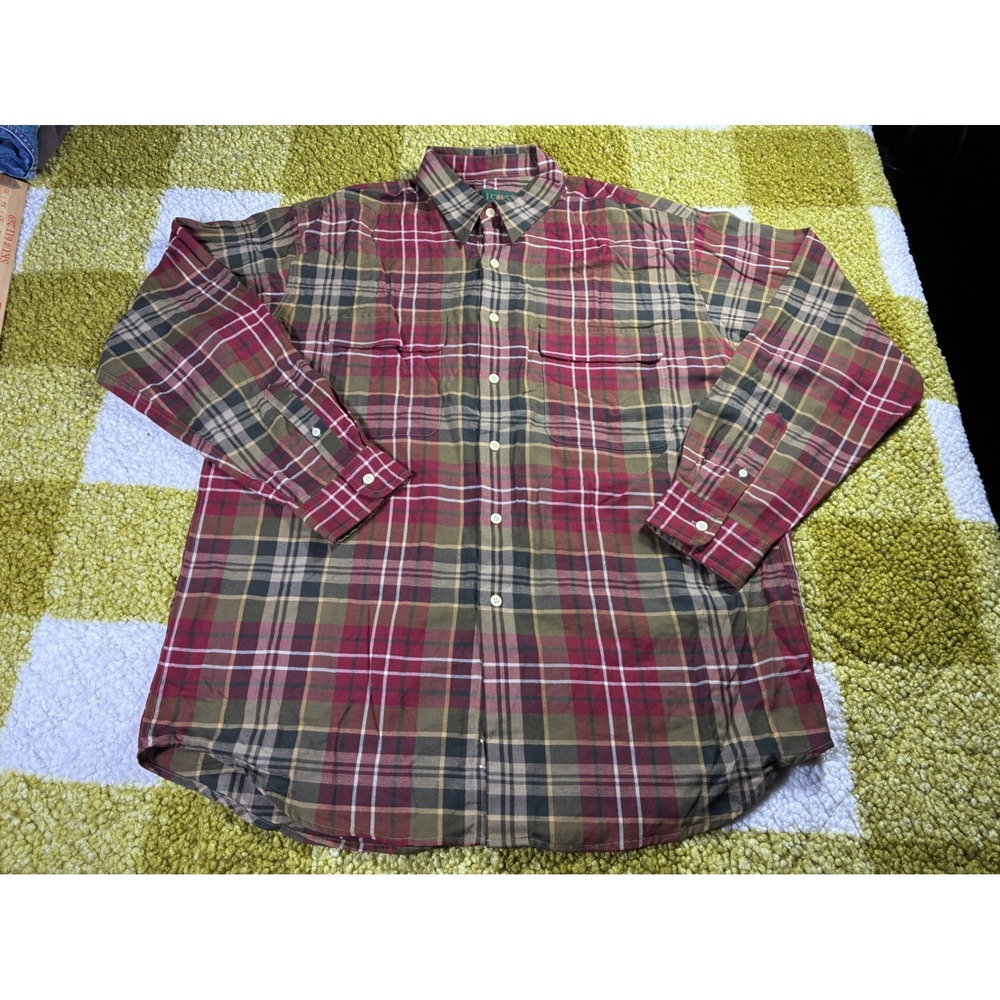 Vintage J.Crew Men Large Plaid Button Down  Cotton Wool Blend Burgundy Olive‎
